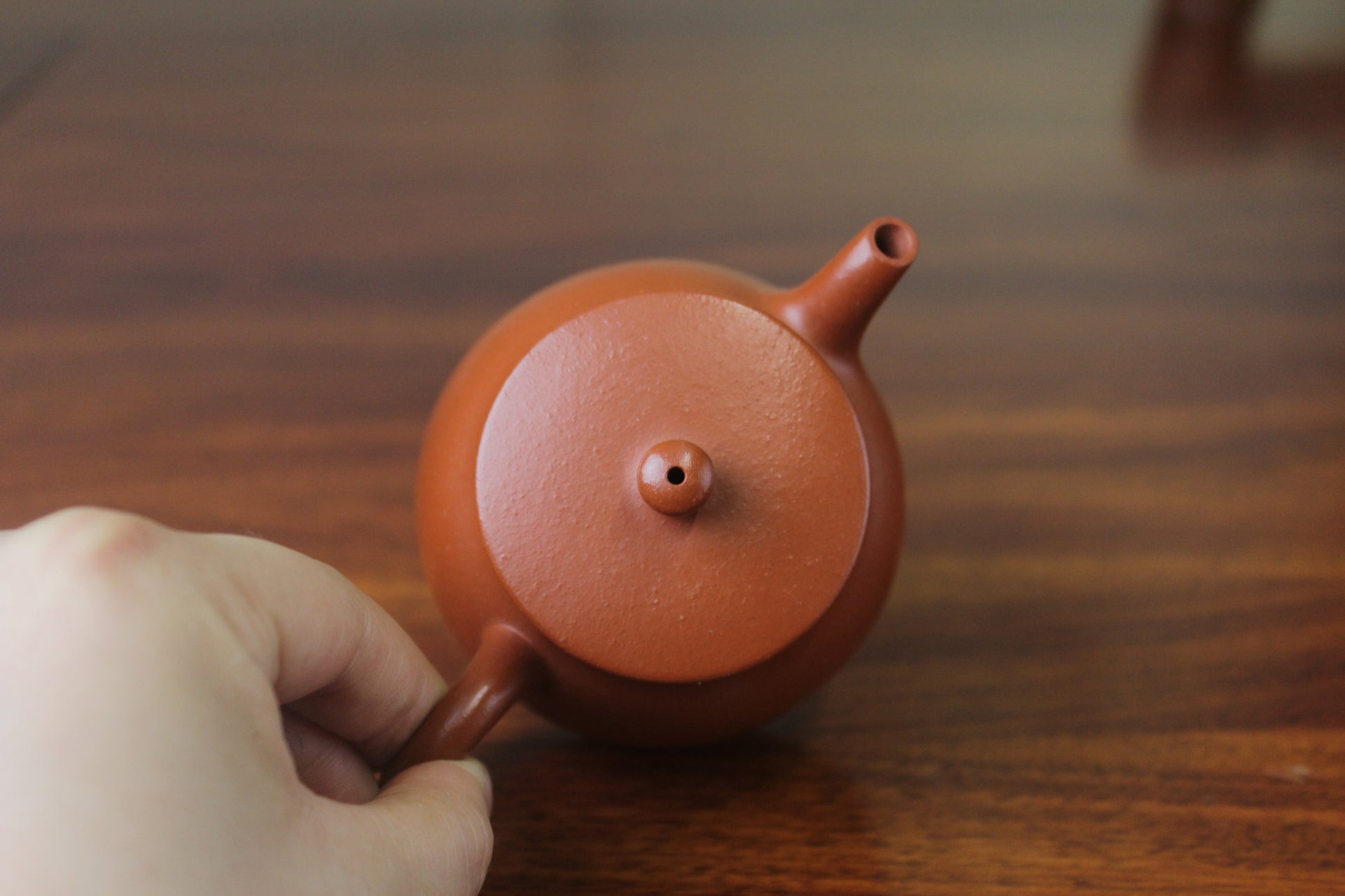 Top view of the Collectible teapot handmade with purple clay lao zhu ni