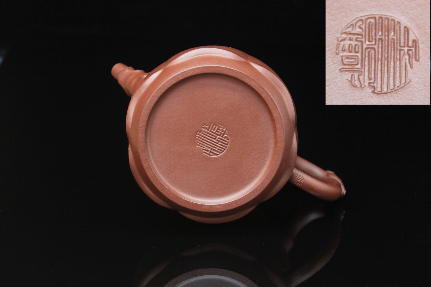Bottom and mark of Vintage teapot come from zisha art gallery handmade with purple clay