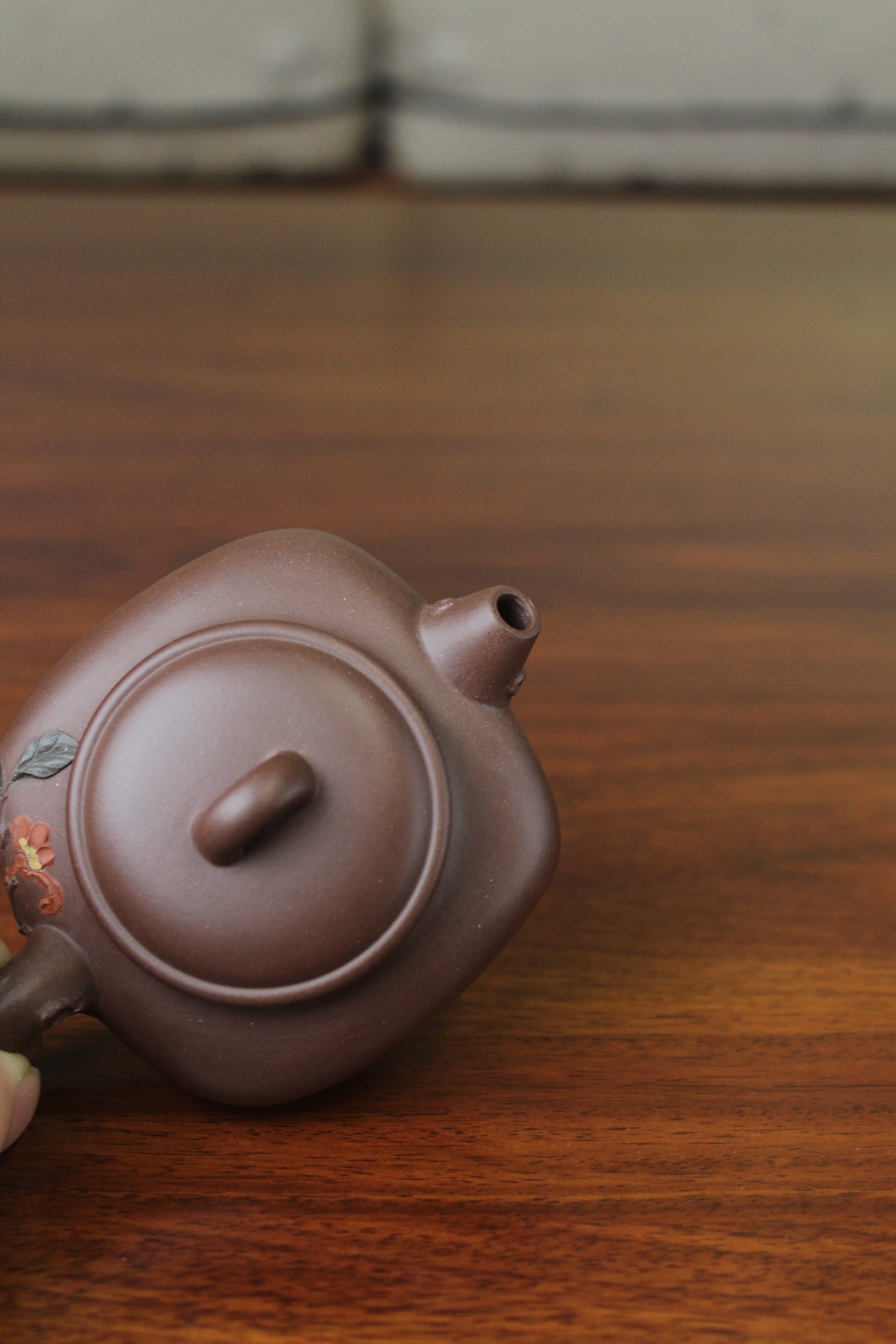 Top view of the yixing teapot, named flower on the table