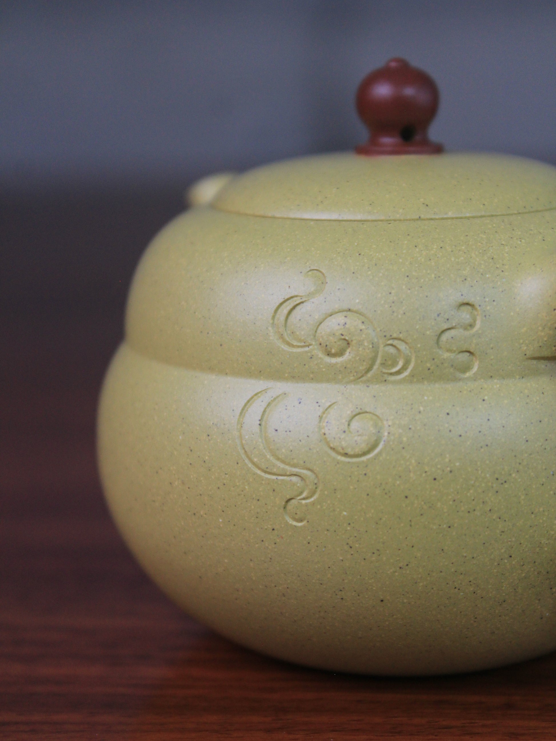 Detail of the yixing teapot for sale named gourd