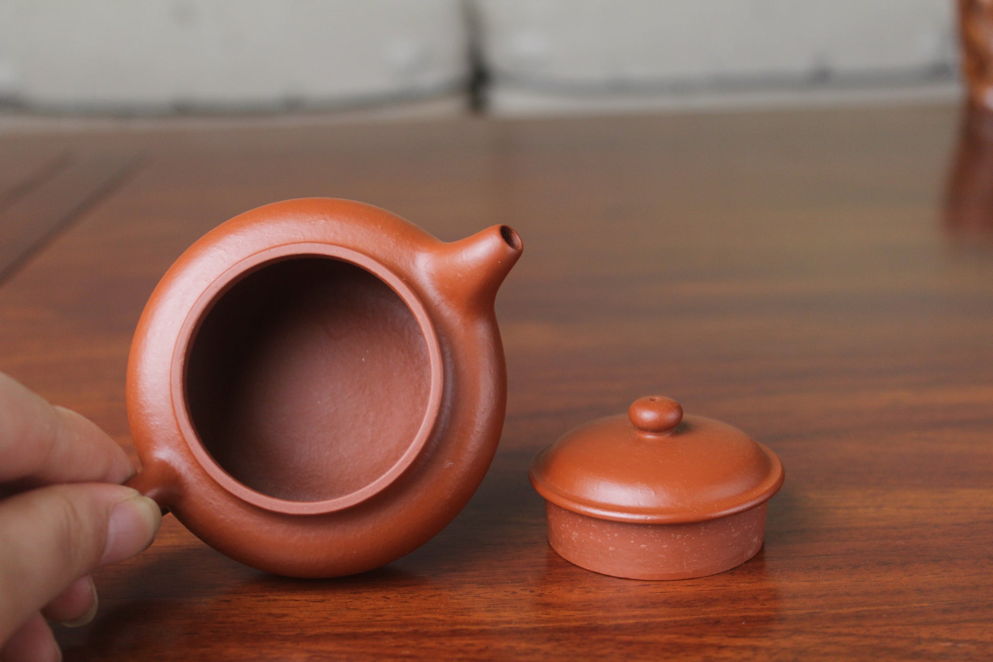 Top view of the chinese teapot fang gu on the table