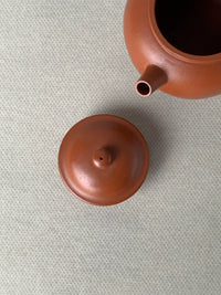 Looking down at the lid and spout of the teapot