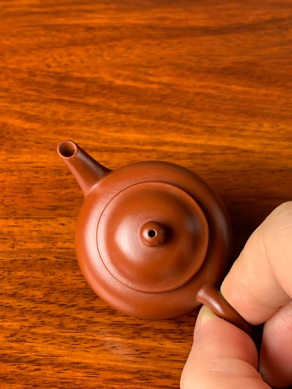 Viewing the small yixing teapot’s details from above