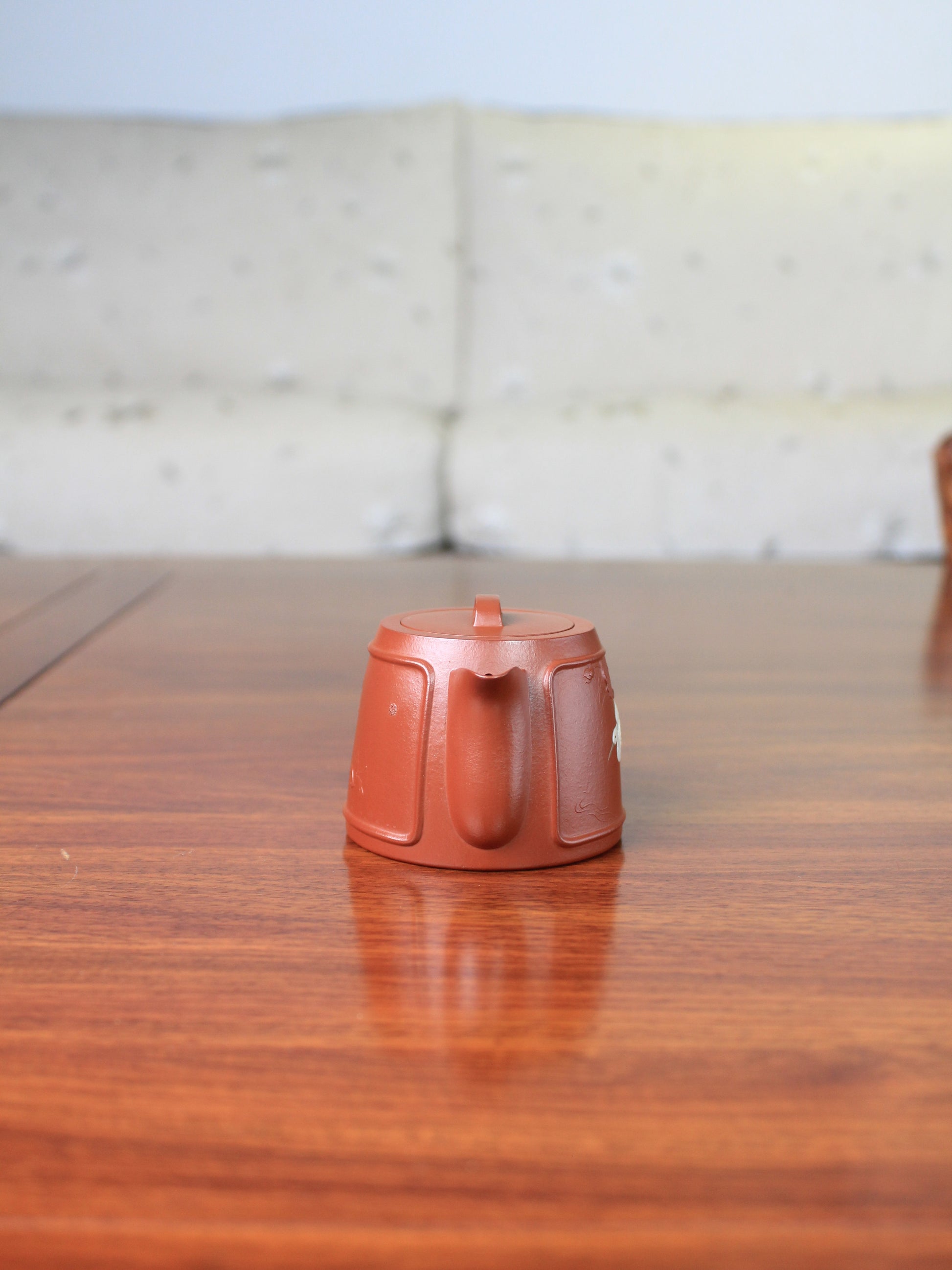 front view of Vintage teapot handmade with yixing clay by teapot artist 