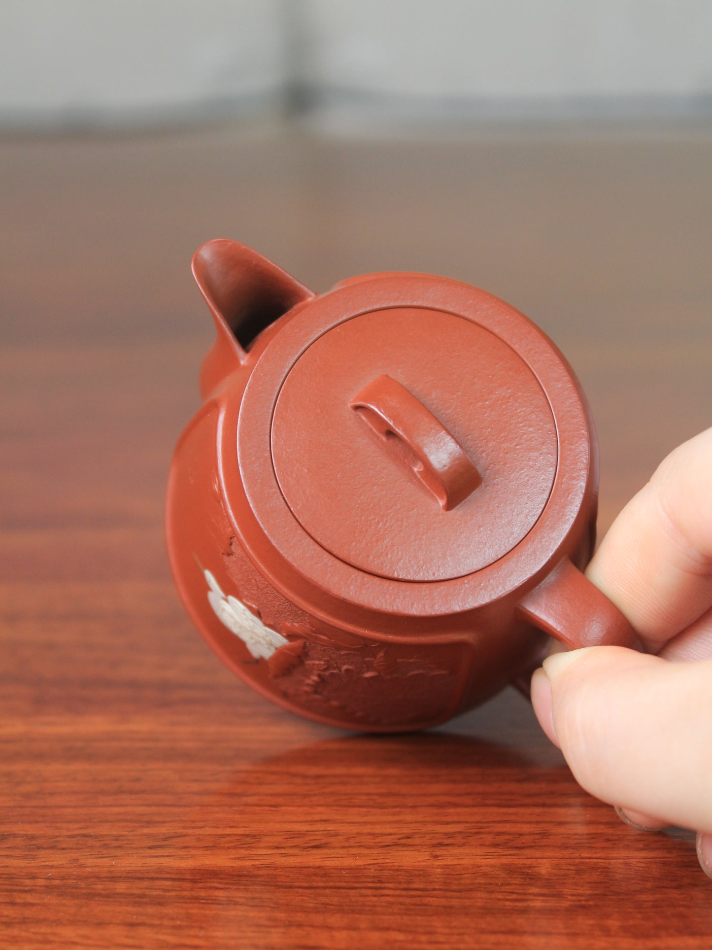top view of Vintage teapot handmade with yixing clay by teapot artist 
