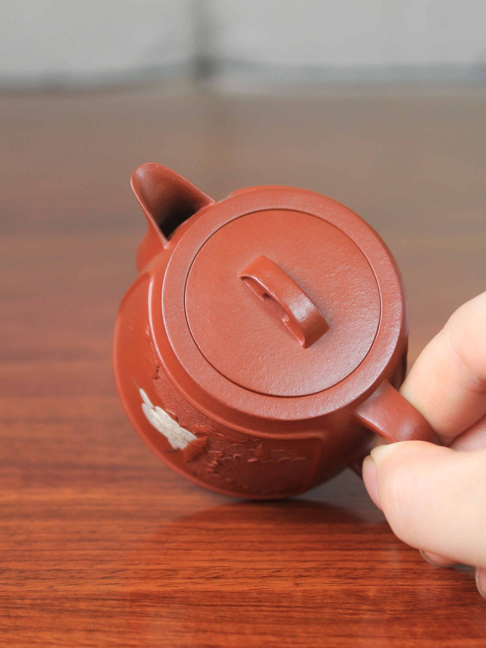 top view of Vintage teapot handmade with yixing clay by teapot artist 