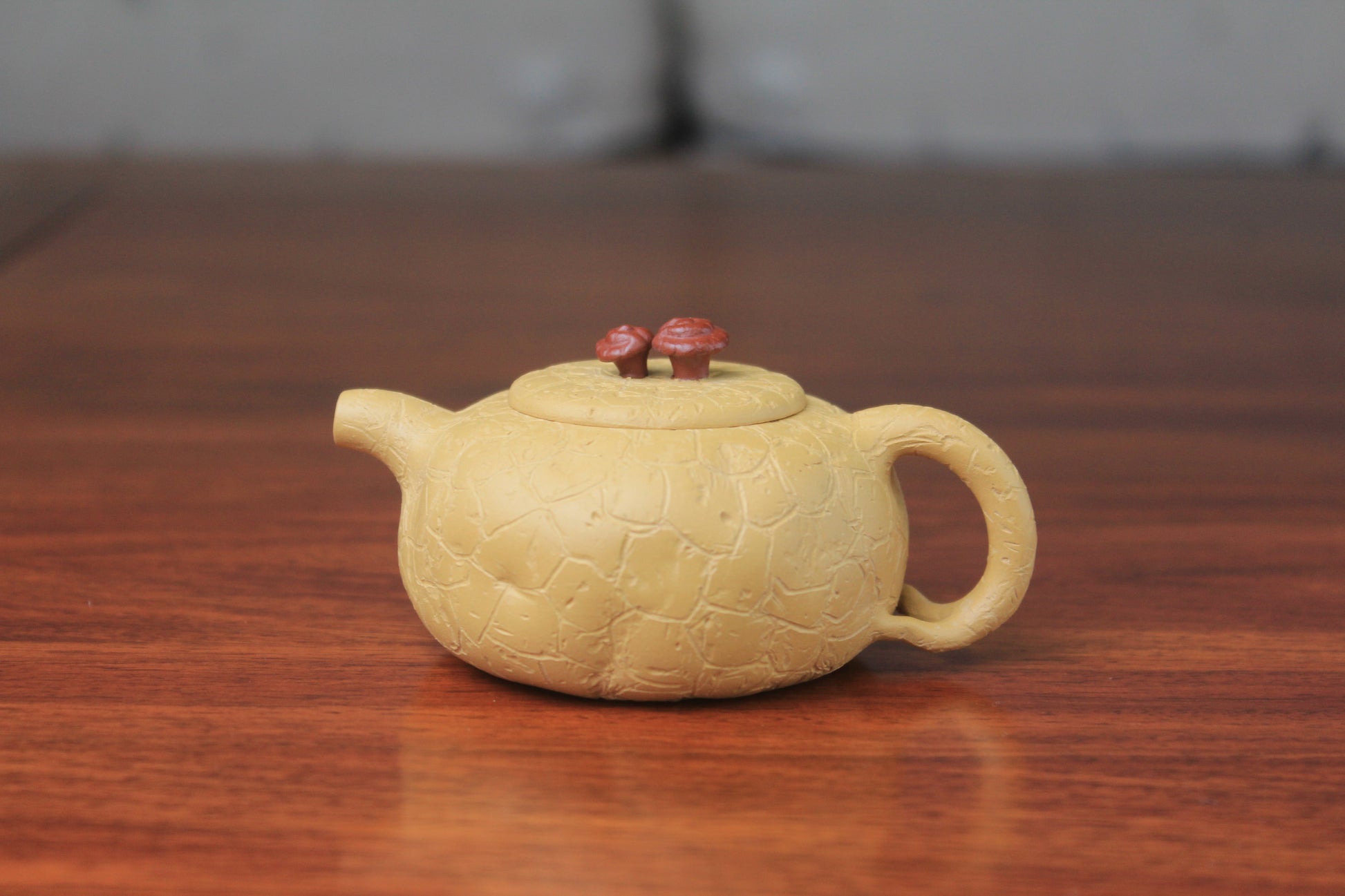 The front detail of the yixing clay teapot on the table