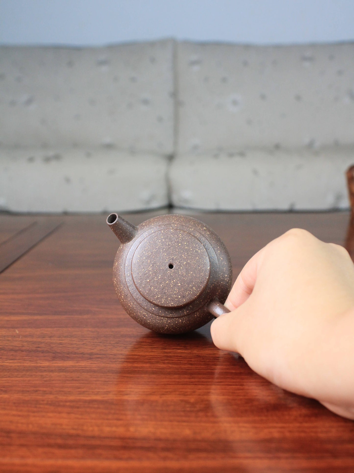 Top view of yixing teapot handmade with yixing clay by teapot artist