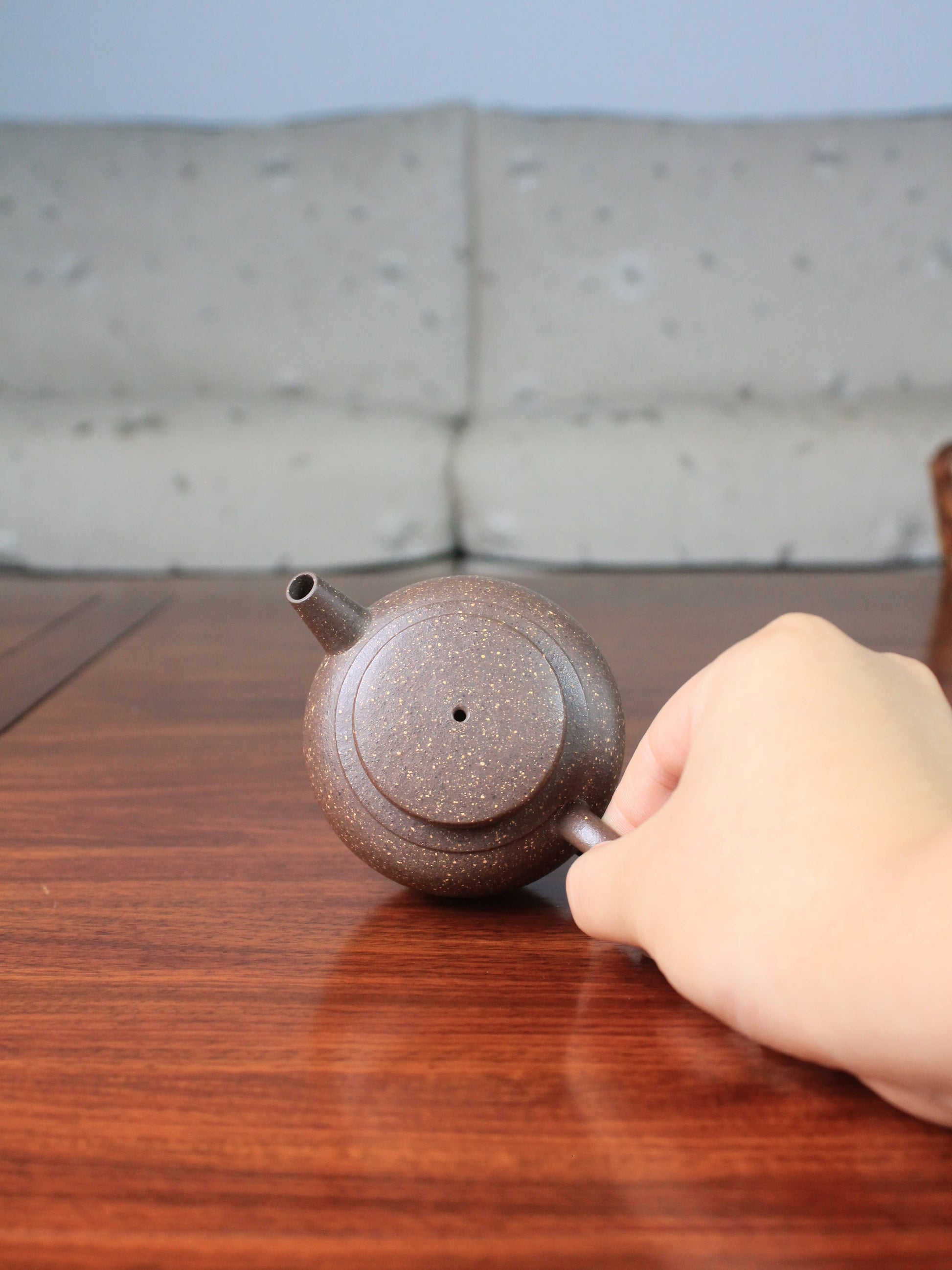 Top view of yixing teapot handmade with yixing clay by teapot artist