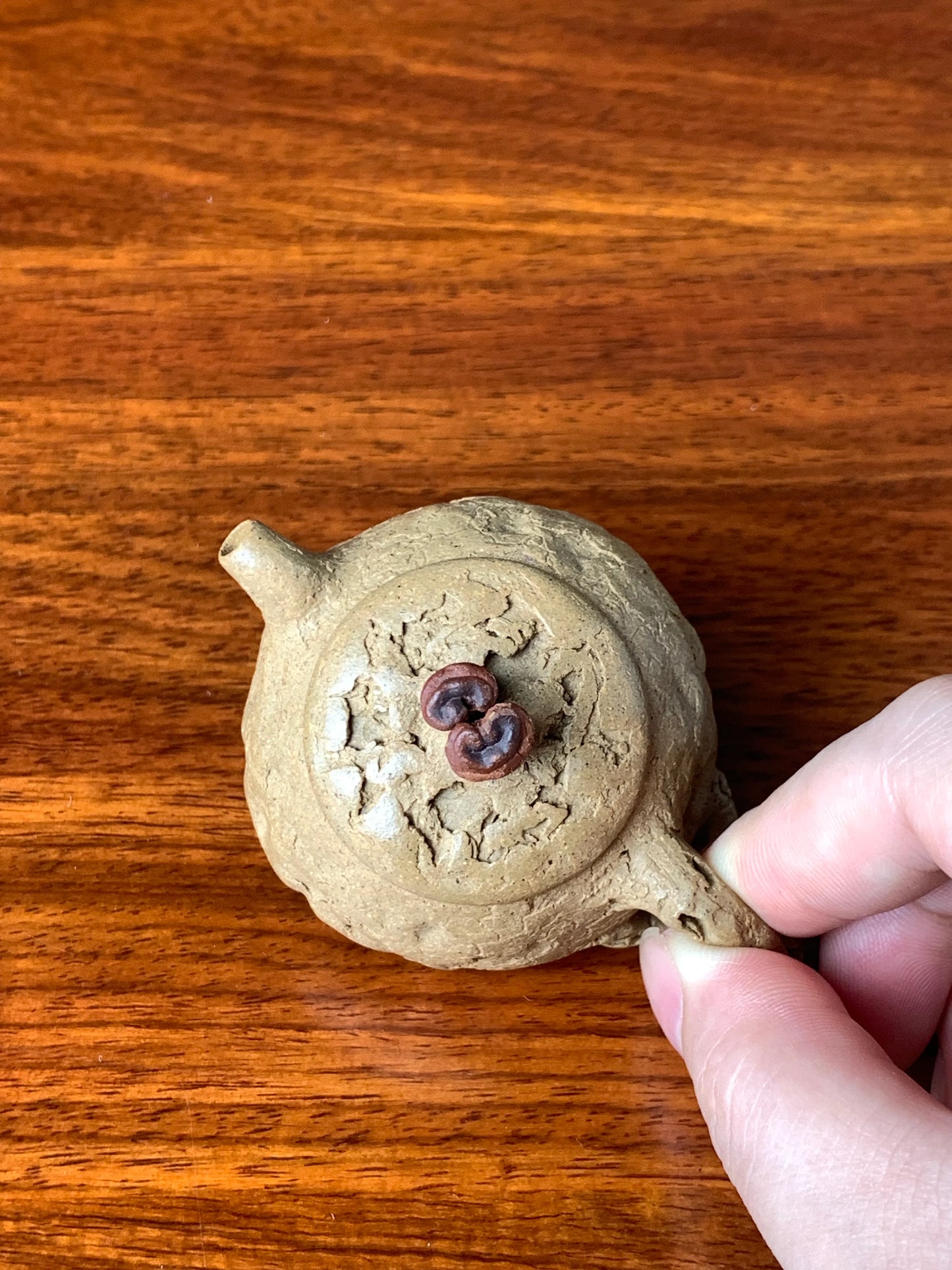 Looking down at the lid, you can see a knob shaped like a lingzhi mushroom