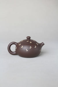 back view of small zisha teapot named xishi